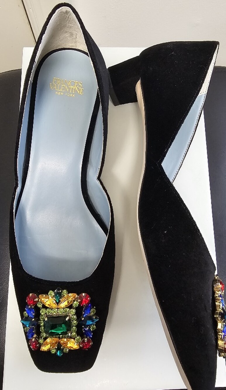 Frances Valentine Black Embellished Square Toe Flats Jeweled Buckle Size 6.5 B